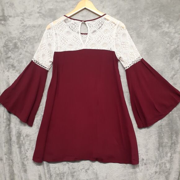 Umgee Dress Womens Size S Red Long Ruffle Sleeve Ivory Sheer Floral Lace - Picture 6 of 7